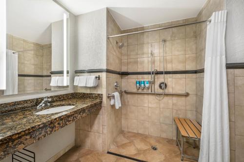 a bathroom with a sink and a shower at Drury Plaza Hotel Flagstaff in Flagstaff