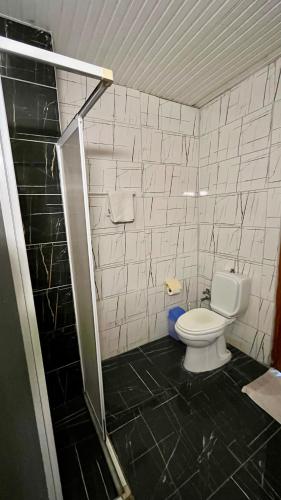 a small bathroom with a toilet and a shower at Delphin Hotel Side in Side