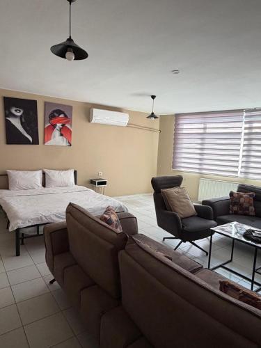 a living room with a bed and a couch at Pendik ar Marmaray Pet Friendly in Istanbul