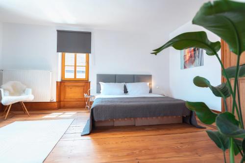 a bedroom with a bed and a chair and a plant at Krebiehls Winkelhof in Herxheim am Berg
