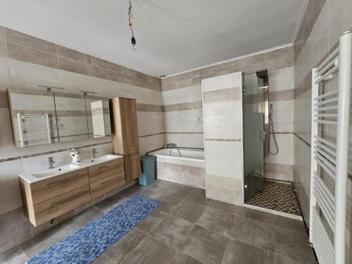a bathroom with a tub and a sink and a shower at casa TURNU RUIENI in Turnu Rueni