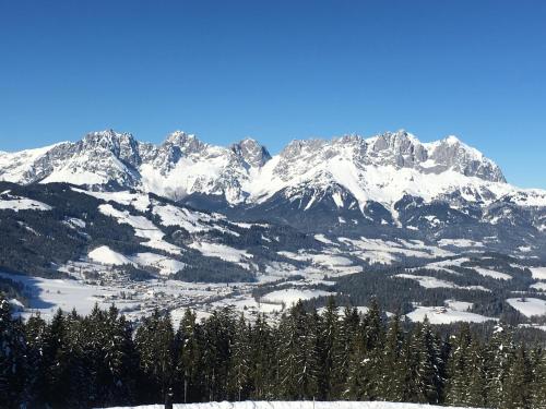 a snow covered mountain with trees in the foreground at Villa Kitzbühel in Kirchberg in Tirol