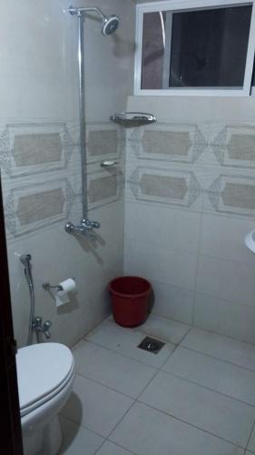 a bathroom with a shower and a toilet at Saadis cottage in Bhurban