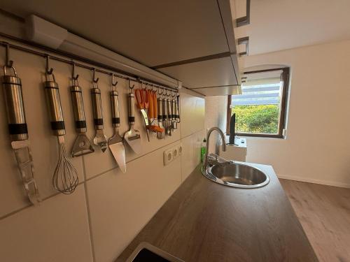 a kitchen with a sink and a counter with utensils at Landhaus Settin 