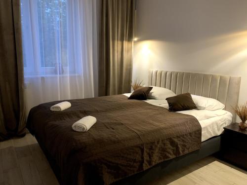 a bedroom with a bed with two pillows and a window at Na Rogu in Sandomierz