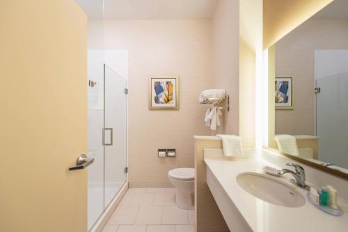 a bathroom with a toilet and a sink at Fairfield Inn & Suites by Marriott Sidney in Sidney