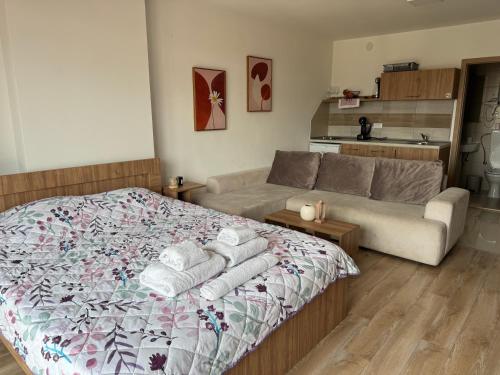 a bedroom with a bed and a couch at LINA Studios - City Center in Ohrid