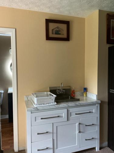 a kitchen counter with a sink in a room at Guest Suites in Conley
