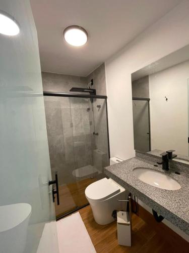 a bathroom with a toilet and a sink and a shower at Quarto Personalizado Individual aconchegante novo no coração da cidade -Ufla- restaurantes e padaria in Lavras