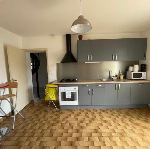 a kitchen with gray cabinets and white appliances at Maison rurale 8 personnes in Saint-Hilaire-de-Court