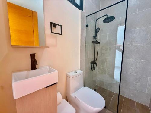 a bathroom with a shower and a toilet and a sink at Paradise Cove in Punta Cana