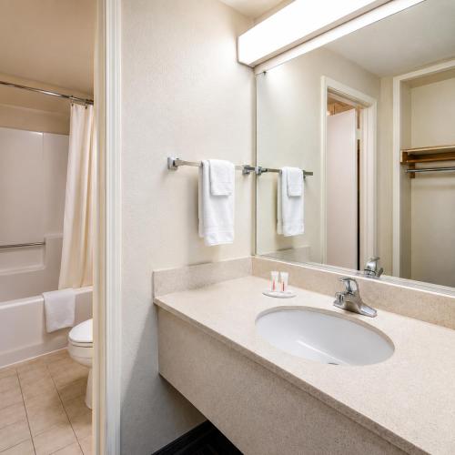 a bathroom with a sink and a toilet and a mirror at TrueStay Inn in Bakersfield