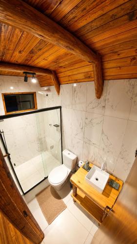 a bathroom with a toilet and a sink at Chalé Suíco Vale do Capão in Palmeiras