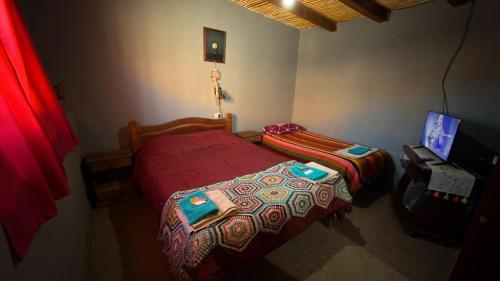 a small bedroom with two beds and a television at Cielo andino in Antofagasta de la Sierra
