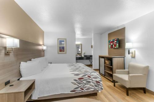 a bedroom with a bed and a desk and a chair at Red Roof Inn Houston - Jersey Village in Houston