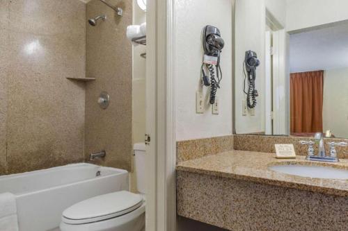 a bathroom with a toilet and a sink and a mirror at Econo Lodge Columbia Fort Jackson in Burnside East