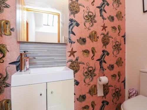 a bathroom with a sink and a mirror at Wern Olau Cottage in Caernarfon