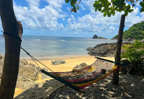 a hammock on a beach next to the ocean at L'Astrolabe - Private Beach in Baras