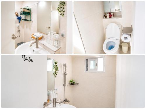 a collage of four pictures of a bathroom at Woori Stay in Suwon