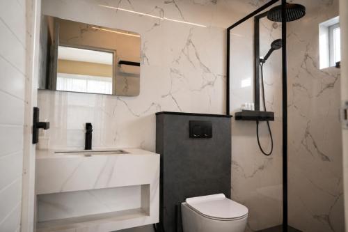 a bathroom with a toilet and a sink and a mirror at Le Venzia in Sultan Bathery