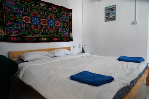 a bed with two blue pillows on top of it at Casa 9 in Sfântu Gheorghe