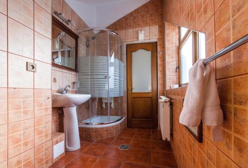 a bathroom with a sink and a shower and a toilet at Pension Brasovu Vechi in Braşov