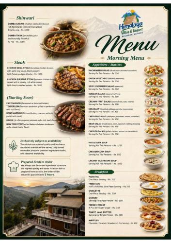 a flyer for a menu for a mountain restaurant at Himalaya Villas 2 bedroom suite in Murree