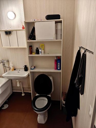 a bathroom with a black toilet and a sink at Sunny 4th-Floor Park-View Studio Escape in Turku