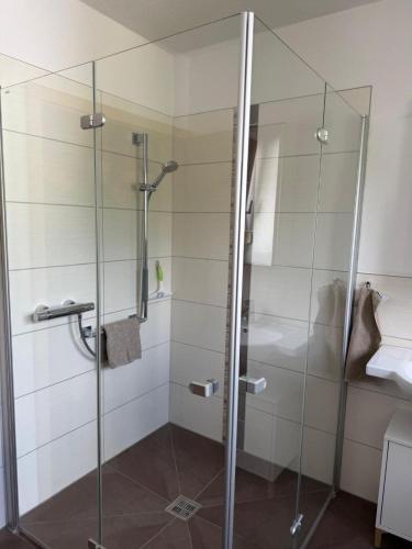 a shower with a glass door in a bathroom at Ferienwohnung Ehrenberg-Feeling in Ehrenberg