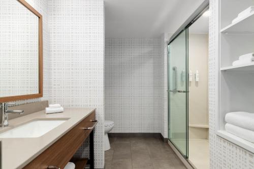 a bathroom with a sink and a glass shower at Hampton Inn Farmville in Farmville