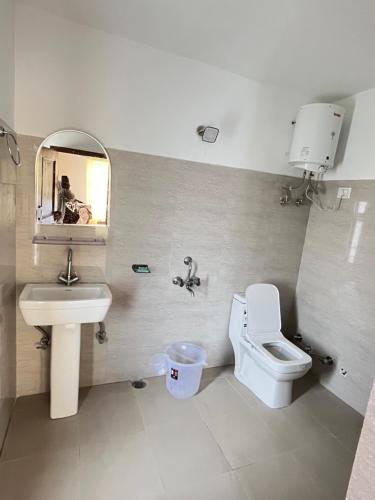 a bathroom with a sink and a toilet and a mirror at The Norbu Retreat Hull in Kaza