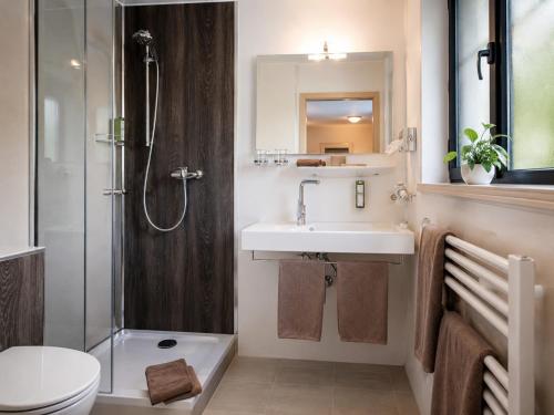a bathroom with a sink and a shower and a toilet at Stuttgart Großbettlingen Hotel by Belvilla in Großbettlingen