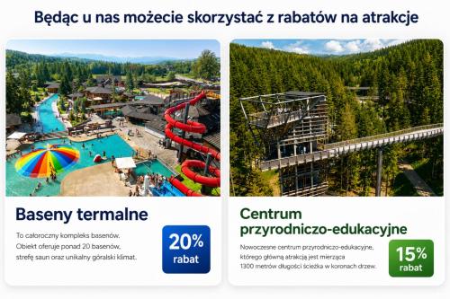 a collage of two pictures of a water park at Willa Sichelscy - apartamenty i pokoje z aneksami kuchennymi - rabat 20 procent na Termy Szaflary oraz Gorący Potok oraz 15 procent rabatu na Bramę Gorce in Biały Dunajec
