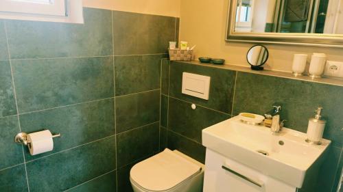 a bathroom with a sink and a toilet and a mirror at Häuschen blaues Pferd in Wallerfing
