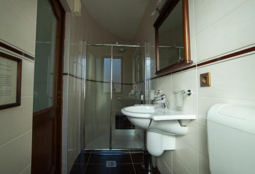 a bathroom with a glass shower and a sink at Pension Brasovu Vechi in Braşov