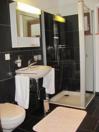 ein Bad mit einem Waschbecken, einem WC und einer Dusche in der Unterkunft Ferienwohnung Caviezel in Schleins
