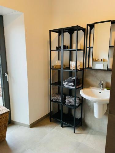 a bathroom with a black book shelf next to a sink at Ferienwohnung Lindenglück in Uedem