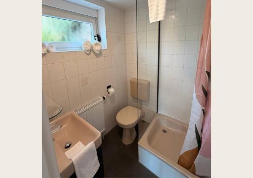 a bathroom with a sink and a toilet and a tub at hortensiengarten in Teningen