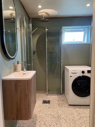 a bathroom with a sink and a washing machine at NEW house by the beach in Andøya