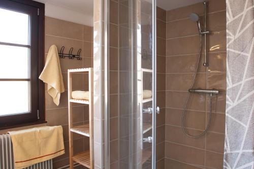 uma casa de banho com um chuveiro e uma porta de vidro em Gîte L'Atelier em Kaysersberg