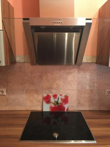 a stove top oven with a picture of a flower on it at Ferienhaus Kirchturmblick bei Quedlinburg in Hoym