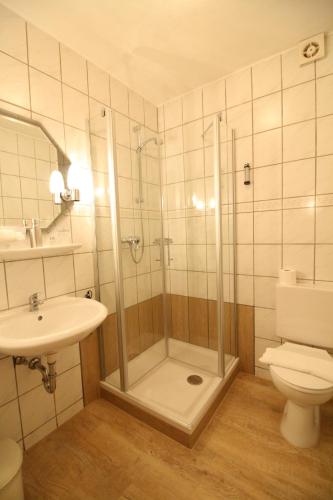 a bathroom with a shower and a toilet and a sink at Arador-City Hotel in Bad Oeynhausen