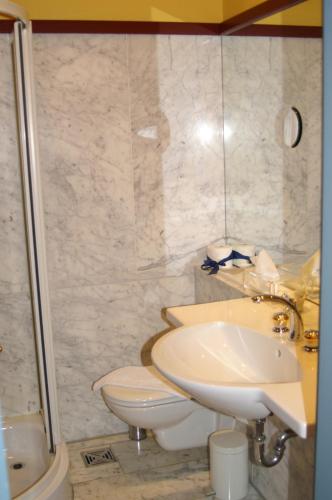 a bathroom with a toilet and a sink and a shower at Hotel Borcharding Rheine Mesum in Rheine