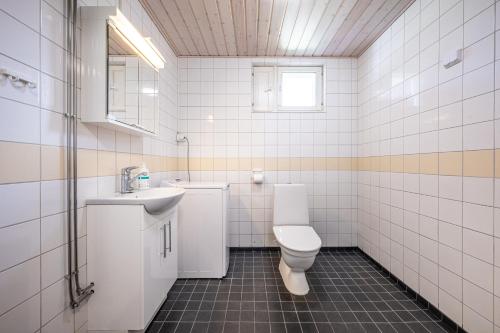 a white bathroom with a toilet and a sink at LODGE Hostel Kuusamo in Kuusamo