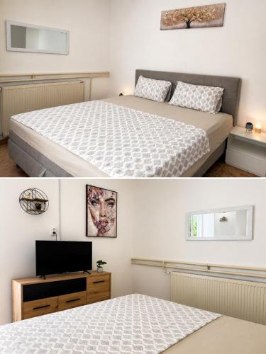 two pictures of a bedroom with a bed and a tv at Apartman Pajić in Odžaci