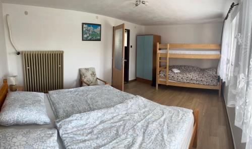 a bedroom with two beds and two bunk beds at chalupa na Vysočině in Věž