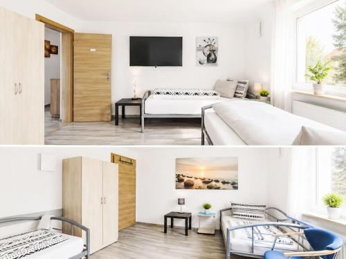 a white bedroom with a bed and a tv at Holiday Home Bailey by Interhome in Laupheim
