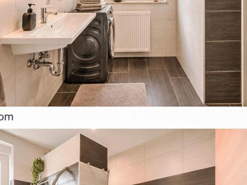 a bathroom with a washing machine next to a sink at Apartment Wohnung Gartenblick by Interhome in Laupheim