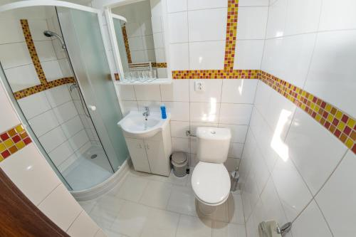 a bathroom with a toilet and a shower and a sink at Vinum Vivo winery in Nevidzany