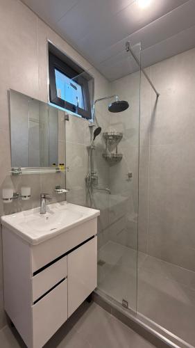 a bathroom with a sink and a glass shower at Maskan Premium Hotel Tashkent in Aktepa-Chigatay